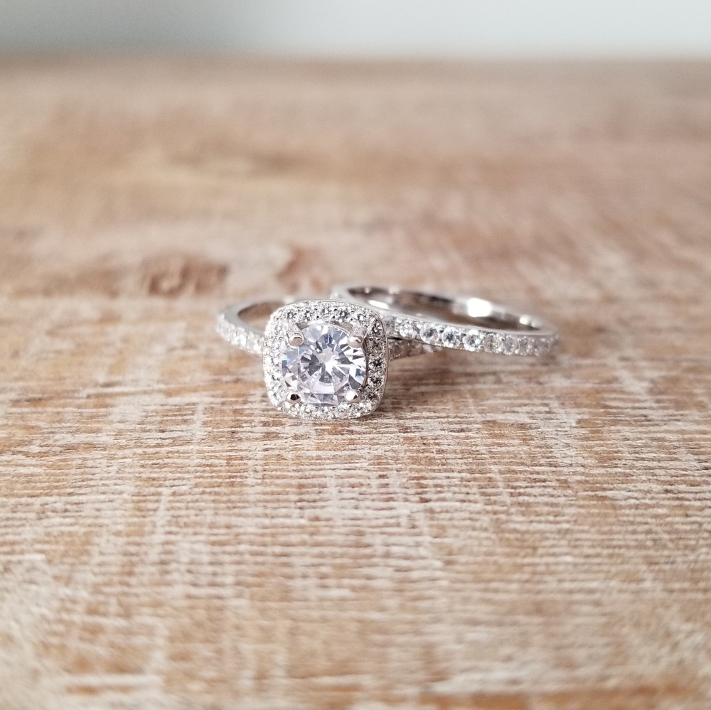 Sterling Silver Halo Simulated Diamond Ring Set - Picture 3 of 6